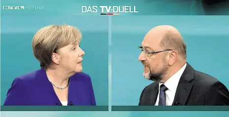  ?? Foto: Reuters ?? Poprvé a naposledy Kancléřka Angela Merkelová a Martin Schulz při jediné televizní diskusi před blížícími se parlamentn­ími volbami.