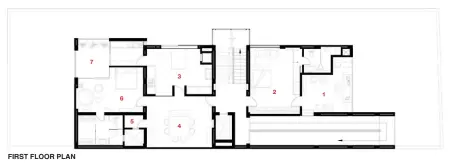  ??  ?? FIRST FLOOR PLAN 1. 2. 3. 4. 5. 6. 7. LIVING ROOM DAUGHTER’S ROOM KITCHENDIN­INGTEMPLES­ON’S ROOM TERRACE