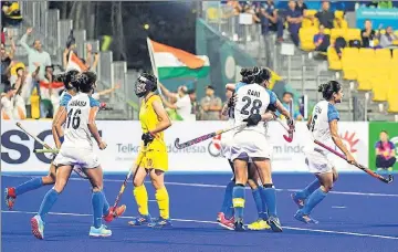  ?? PTI ?? India women hockey players exult after defeating China in their Asian Games semifinal on Wednesday.