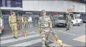  ?? PTI ?? Security personnel at Terminal 2 of the Indira Gandhi Internatio­nal Airport in New Delhi. CISF is on high alert at four airports.