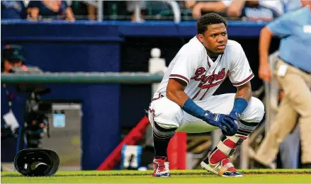  ?? DANIEL SHIREY / GETTY IMAGES ?? Braves rookie Ronald Acuna was surprised he was thrown at by the Marlins’ Jose Urena on Wednesday. “I’ve never seen a pitcher throw a pitch like that with that velocity before. That is where I will leave it,” he said. He was hit by a 97-mph fastball.