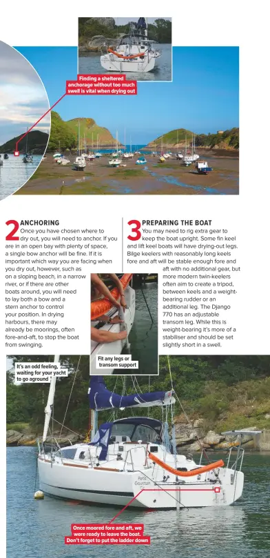  ??  ?? It’s an odd feeling, waiting for your yacht to go aground Finding a sheltered anchorage without too much swell is vital when drying out Fit any legs or transom support Once moored fore and aft, we were ready to leave the boat. Don’t forget to put the ladder down