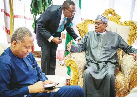  ??  ?? President Muhammadu Buhari ( right); National Security Adviser Babagana Monguno and Minister of Foreign Affairs, Geoffrey Onyeama after the 30th Ordinary Session of the Assembly of Heads of State and Government of the African Union in Ethiopia...