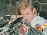  ?? RAY GIGUERE / THE CANADIAN PRESS FILES ?? Wayne Gretzky, tearing up at a press conference after his trade to the L.A. Kings was announced in 1988, leading to the birth of The Gretzky Effect.