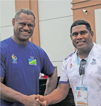  ?? Photo: Peni Komaisavai. ?? 2017 Suva Rugby head coach Saiasi Fuli (right) now is the Fiji Airways Fijian 7s assistant coach and with him is former Suva No.8 Alifereti Mocelutu who now coaches Solomon Islands.