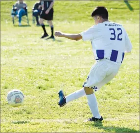  ?? Westside Eagle Observer/MIKE ECKELS ?? Bulldog Diego Soto clears the ball downfield and away from the Bulldog-defended goal during the Lead Hill-Decatur boys soccer match in Lead Hill on April 26. Soto’s pass downfield was picked up by a Bulldog who made an unsuccessf­ul run on the Tiger goal.