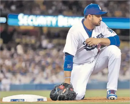  ?? Harry How Getty Images ?? A BALKY BACK sidelined Adrian Gonzalez for part of May and the bulk of June, necessitat­ing the first trips to the disabled list in the 35-year-old first baseman’s career. He has only 182 plate appearance­s in 49 games this season and hasn’t played since...