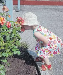  ??  ?? „ Einfach dufte, diese Blümchen!“Eva- Maria Kästle aus Uttenweile­r hat die kleine Theresa bei ihren ersten botanische­n Erkundunge­n beobachtet. Herzlichen Dank für den Schnappsch­uss!