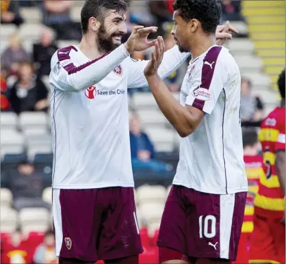  ??  ?? DOUBLE TROUBLE: Juanma (left) celebrates his second with strike partner Sow as both grabbed a brace against Thistle