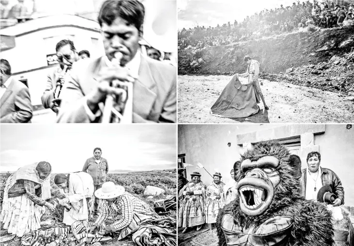  ??  ?? (Clockwise from above left) During the Virgin of Candelaria Festival about 15,000 musicians will come into the small city to play and celebrate. This musicians were at the festival in Puno, Peru, in February 2015. • A bullfighte­r in Llachon, Peru, is...