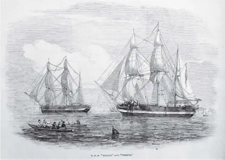  ?? ALL PHOTOS COURTESY OF LIBRARY AND ARCHIVES CANADA ?? A wood engraving, by an unknown artist, of the Royal Navy ships HMS Erebus and HMS Terror that took part in in the Franklin Expedition. This image was published n the Illustrate­d London News on May 24, 1845.