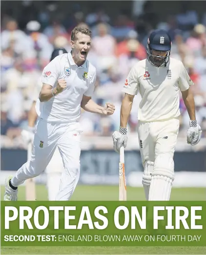  ?? Picture: Getty Images ?? BIG SCALP. Proteas speedster Chris Morris celebrates after dismissing England opener Alastair Cook on the fourth day of the second Test at Trent Bridge yesterday.