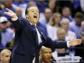  ?? MICHAEL CONROY — THE ASSOCIATED PRESS ?? Kentucky head coach John Calipari gestures from the sideline during the second half of Sunday’s second-round win against Wichita State. Kentucky will take on UCLA Friday in a Sweet 16 game that will feature plenty of future NBA picks.