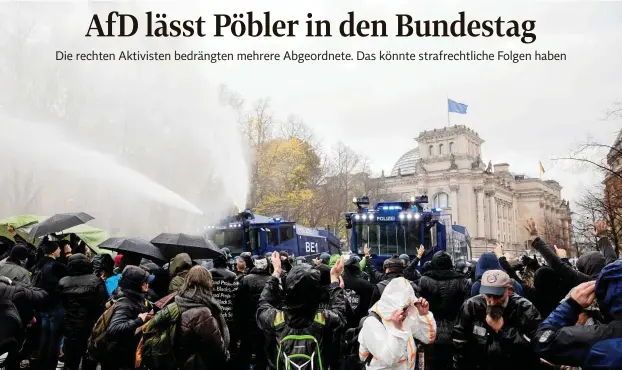  ?? FOTO: CHRISTOPH SOEDER / DPA ?? Während draußen die Polizei mit Wasserwerf­ern gegen Demonstran­ten vorging, belästigte­n rechte Störer am Mittwoch im Reichstags­gebäude mehrere Abgeordnet­e.