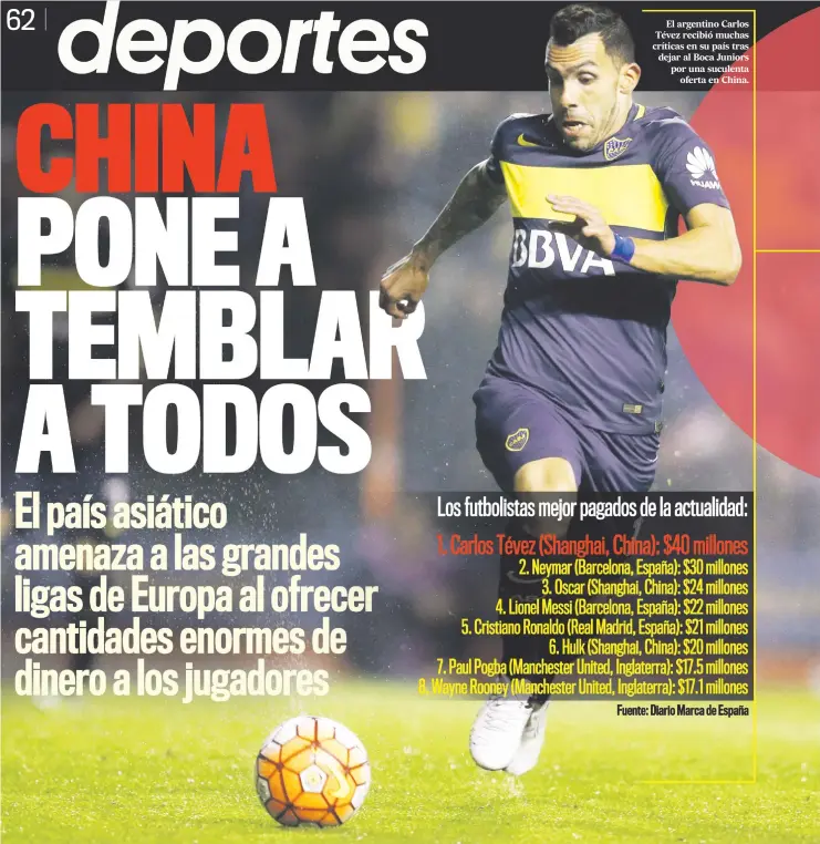  ??  ?? El argentino Carlos Tévez recibió muchas críticas en su país tras dejar al Boca Juniors por una suculenta oferta en China.