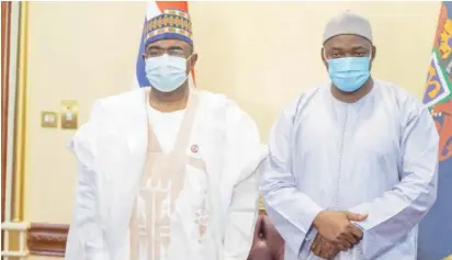  ??  ?? Chairman/Chief Executive of the National Drug Law Enforcemen­t Agency, NDLEA, Brig. Gen. Mohamed Buba Marwa (Retd) with President Adama Barrow of Gambia during a courtesy visit to the president in Banjul on Thursday,