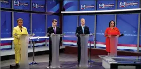  ?? COURTESY OF KRON ?? Rep. Barbara Lee, D-oakland, left, former Dodgers star Steve Garvey, Rep. Adam Schiff, D-burbank, and Rep. Katie Porter, D-irvine, stand onstage Monday in San Francisco during a televised debate for candidates competing in California’s U.S. Senate race.