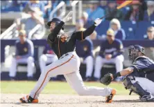  ?? Carlos Osorio / Associated Press ?? Outfielder Mac Williamson has eight extra-base hits, including four homers, in 34 Cactus League at-bats this year.