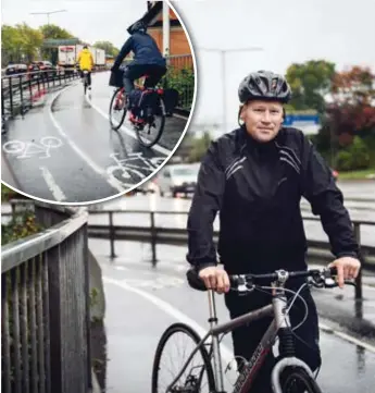  ?? FOTO: MIKAEL ANDERSSON ?? SMALT. På cykelbanan upp mot Tranebergs­bron från Alvik är cykelbanan trång. Mattias Lindmark från Ekerö var i somras med om en olycka i kurvan som kunde slutat illa.