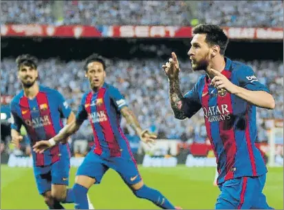  ?? FOTO: AP ?? El Messi de las grandes ocasiones. Enchufadís­imo, el argentino se echó al equipo a la espalda para darle al Barça la Copa del Rey