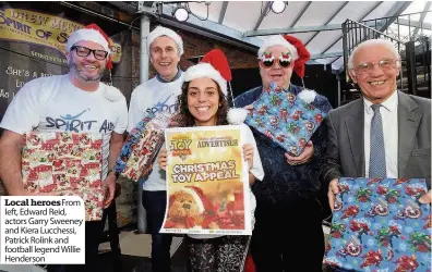  ??  ?? Local heroes From left, Edward Reid, actors Garry Sweeney and Kiera Lucchessi, Patrick Rolink and football legend Willie Henderson