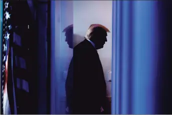  ?? Jim Watson / AFP via Getty Images ?? President Donald Trump departs after speaking during the daily briefing on COVID-19, in the Brady Briefing Room of the White House in Washington, D.C., in April.