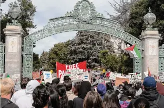  ?? Michael Liedtke/Associated Press ?? Students at the University of California, Berkeley protest Israeli actions in its war with Hamas. While campuses should encourage diverse viewpoints, college administra­tors are failing to react to a dangerous rise in antisemiti­sm.