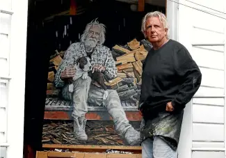  ?? MARTIN DE RUYTER/STUFF ?? Nelson artist Bill Burke with his painting Marlboroug­h Man, Peter Yealands, a finalist in the 2022 Adam Portraitur­e Award.
