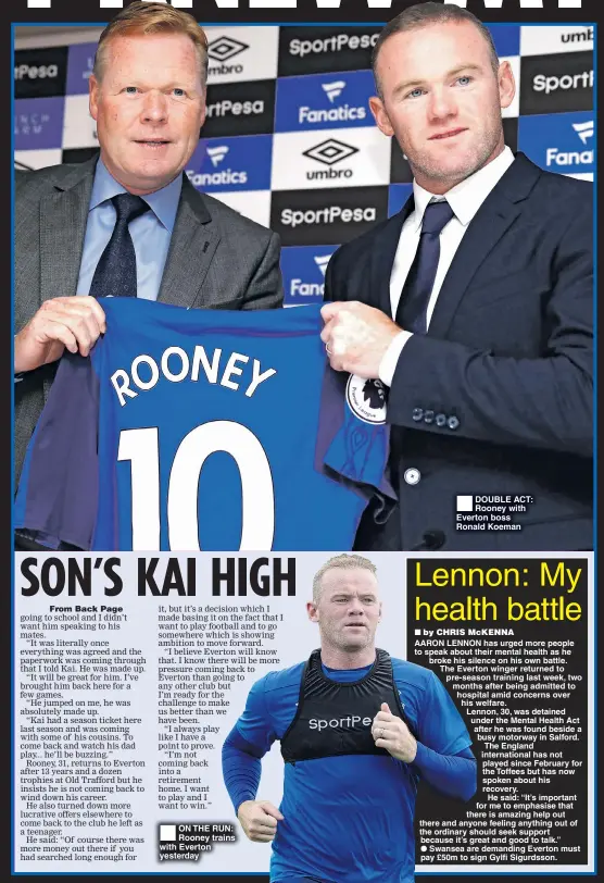  ??  ?? ON THE RUN: Rooney trains with Everton yesterday DOUBLE ACT: Rooney with Everton boss Ronald Koeman