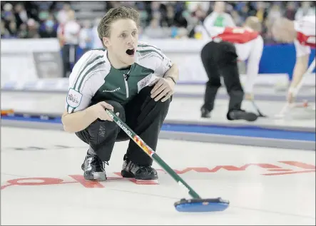  ?? LEAH HENNEL/CALGARY HERALD ?? Prince Edward Island skip Adam Casey, along with Mark Kean of Ontario, are skipping teams with an average age of 24 at the Tim Hortons Brier in Calgary this week.