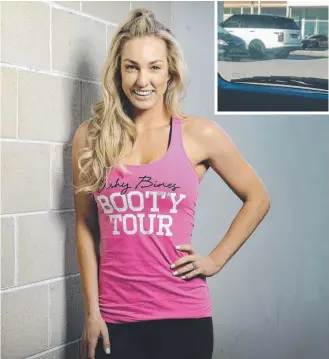  ?? Picture: DANIEL WILKINS ?? Fitness icon Ashy Bines and, inset, the incriminat­ing footage of her parking in a disabled bay outside her Mermaid Beach gym.