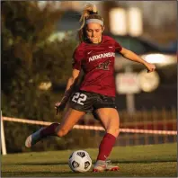  ?? (University of Arkansas/Walt Beazley) ?? Arkansas senior forward Parker Goins has been a key figure in helping the Razorbacks build one of the top women’s soccer programs in the SEC. The Razorbacks are set to hear their NCAA Tournament fate today.