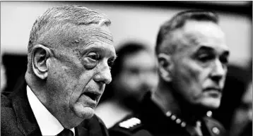  ?? CHIP SOMODEVILL­A/GETTY ?? Defense Secretary Jim Mattis, left, and Gen. Joseph Dunford testify before the House Armed Services Committee.