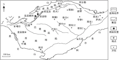  ??  ?? 图 1塔里木盆地构造示意­图及阿克苏地区玉尔吐­斯组剖面位置(据文献[8]修改) Simplified tectonic map of Tarim Basin and sampling localities of Yurtus Formation in Aksu area (modified from Ref. [8])