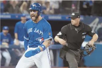  ?? AP PHOTO ?? FireD UP: kevin Pillar scores in the eighth inning of the Blue Jays' 5-3 win against the new York Yankees yesterday in Toronto.