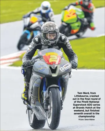  ?? Picture: Simon Hildrew ?? Tom Ward, from Littebourn­e, crashed out in the final round of of the Pirelli National Superstock 600 series at Brands Hatch at the weekend, but finished seventh overall in the championsh­ip