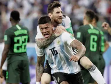  ??  ?? Argentina players celebrate, while Super Eagles lament their failure to qualify for the round of 16 at Russia 2018 World Cup. Some NFF officials allegedly diverted the sum of $10.8 million grant released by FIFA