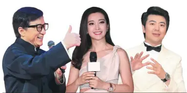 ?? CFP ?? From left: Chinese kung fu star Jackie Chan, actress Li Bingbing and pianist Lang Lang shine on the world stage with good command of English.