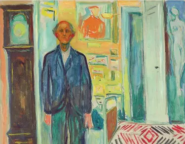  ??  ?? Edvard Munch (1863–1944), Self-portrait: between the clock and the bed (1940–43, olio su tela), al Met Breuer New York fino al 4 febbraio