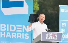  ??  ?? Donald Trump’s White House predecesso­r Barack Obama addresses a Biden rally at Florida Internatio­nal University.