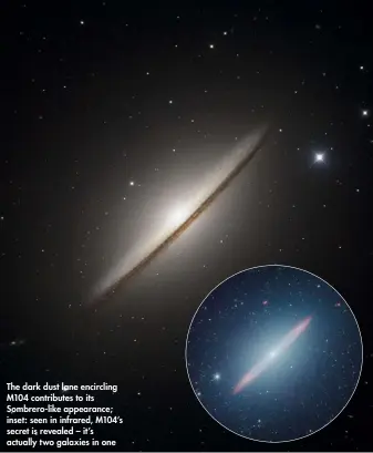  ??  ?? The dark dust lane encircling M104 contribute­s to its Sombrero-like appearance; inset: seen in infrared, M104’s secret is revealed – it’s actually two galaxies in one