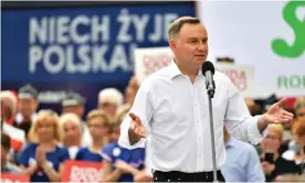  ??  ?? Andrzej Duda speaks at a campaign rally in Zlotoryja, south-west Poland. Photograph: Maciej Kulczyński/EPA