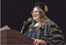  ?? ANDY ABEYTA/THE DESERT SUN ?? DSUSD Superinten­dent Kelly May-Vollmar formally accepts the Class of 2023 during the Amistad High School graduation ceremony at Fantasy Springs Resort Casino in Indio on May 23.