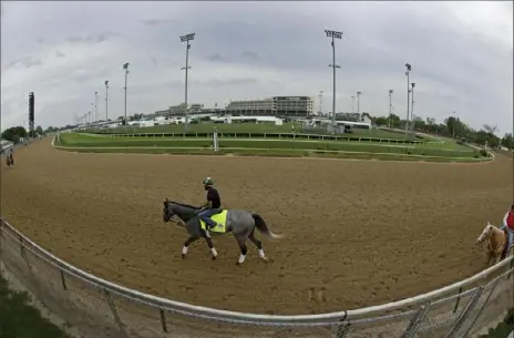  ?? Associated Press ?? ALONE WITH HIS DREAMS Kentucky Derby contender Tacitus is put through his paces Wednesday morning at Churchill Downs in Louisville, Ky.