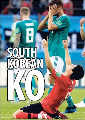  ?? AP ?? Germany’s players walk off the pitch as South Korea’s Ju Se-jong (in red) celebrates after the Group F match at the 2018 World Cup in the Kazan Arena in Russia yesterday. South Korea won 2-0.