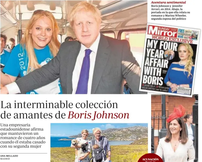  ??  ?? Boris Johnson y Jennifer Arcuri, en 2014. Abajo, la portada en la que ella relata su romance y Marina Wheeler, segunda esposa del político Aventura sentimenta­l