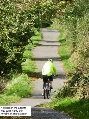  ?? ?? A cyclist on the Colliers Way path; right, the remains of an old wagon