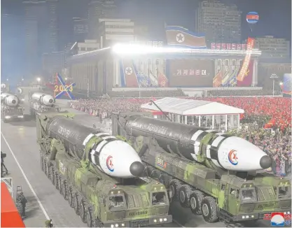  ?? KOREAN CENTRAL NEWS AGENCY/KOREA NEWS SERVICE VIA AP ?? This photo provided by the North Korean government shows what it says are Hwasong-17 interconti­nental ballistic missiles during a military parade Feb. 8 in Pyongyang.