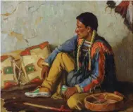  ??  ?? Joseph Henry Sharp (1859-1953), Portrait of Indian with Drum and Pipe, oil on canvas, 20 x 24” Estimate: $40/60,000 SOLD: $75,000