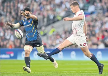  ?? AFP ?? England’s Owen Farrell, right, in action against Japan during a friendly match last week.
